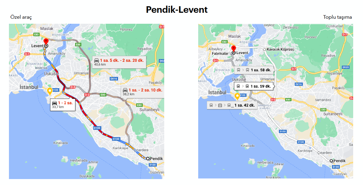 google maps haritasında pendik'ten levent'e özel araç ve toplu taşıma ile olacak şekilde iki ayrı ulaşım rotasını gösteren görsel.